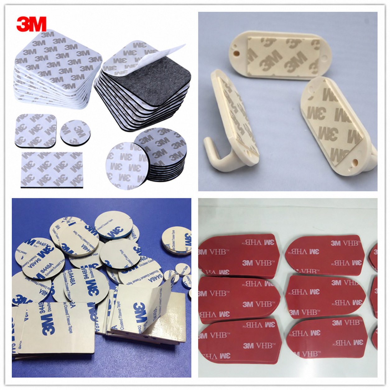 Collage of self-adhesive foam pads and adhesive-backed mounting hooks