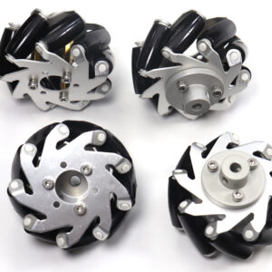 Four Mecanum robot wheels with metal side plates and black angled rollers