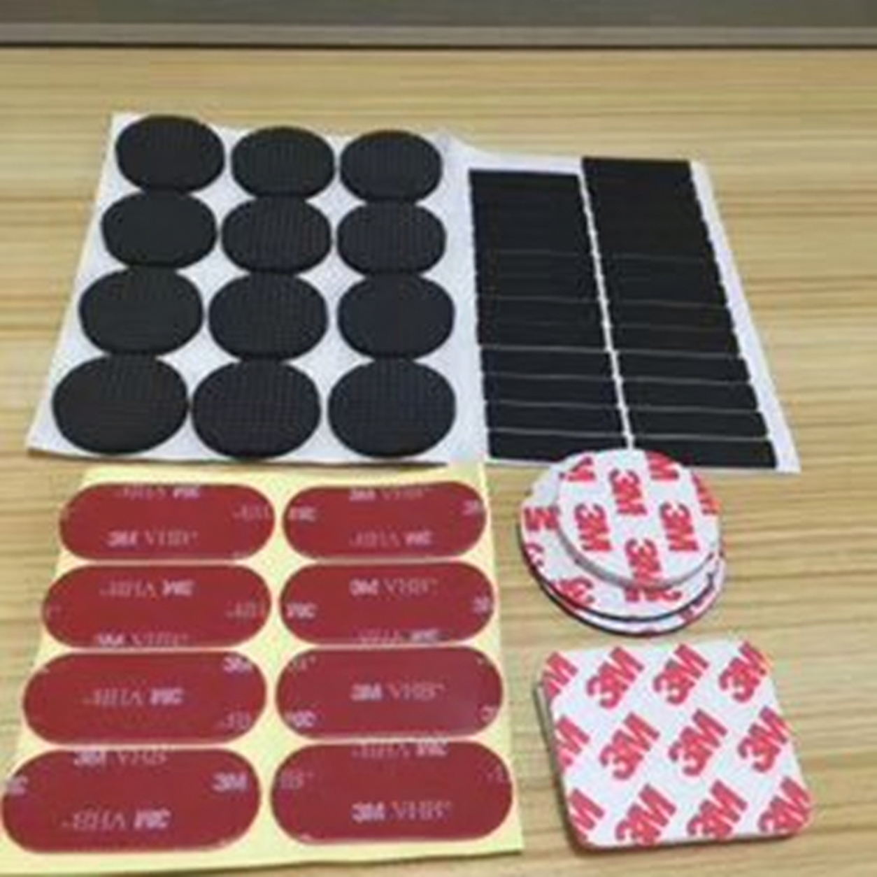 Round and rectangular EVA foam pads with red and white adhesive liners