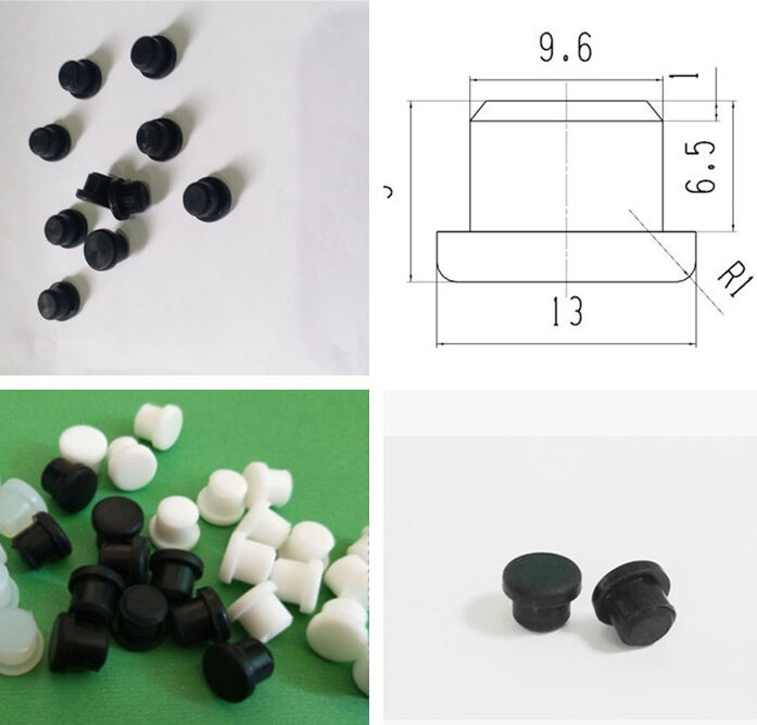 Black and white flange plug examples with a dimension drawing