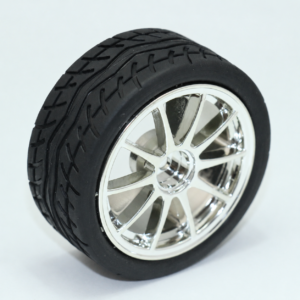 Black grooved rubber tyre with a silver spoked hub