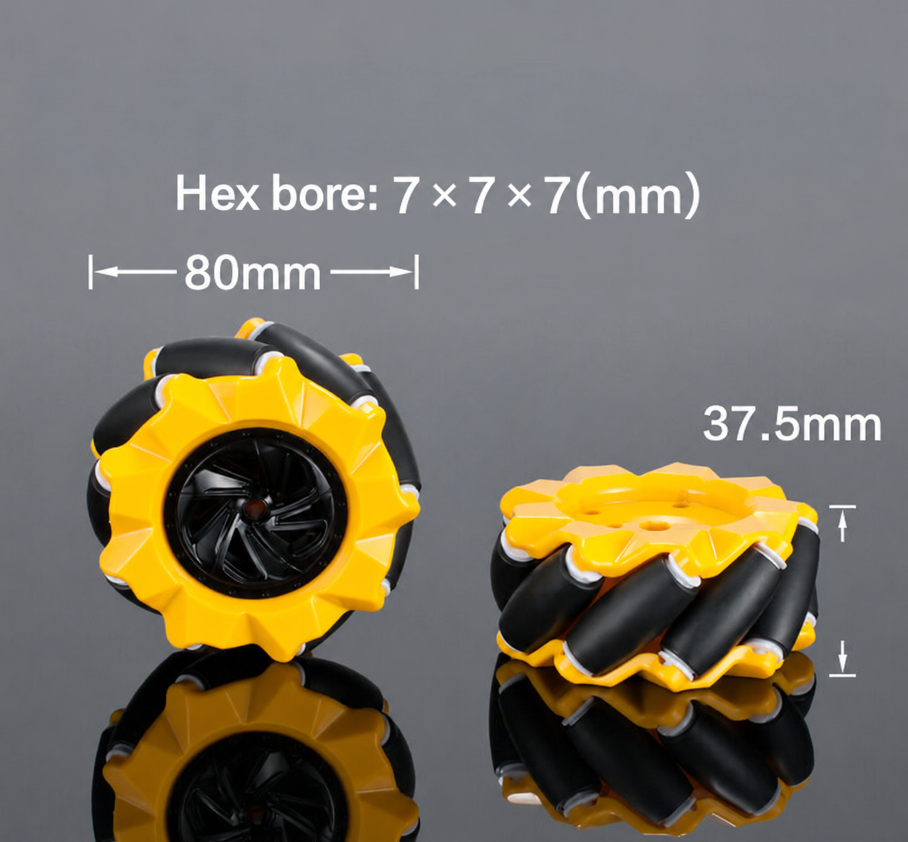 Yellow Mecanum wheel dimension diagram with 80 mm diameter and 37.5 mm width labels