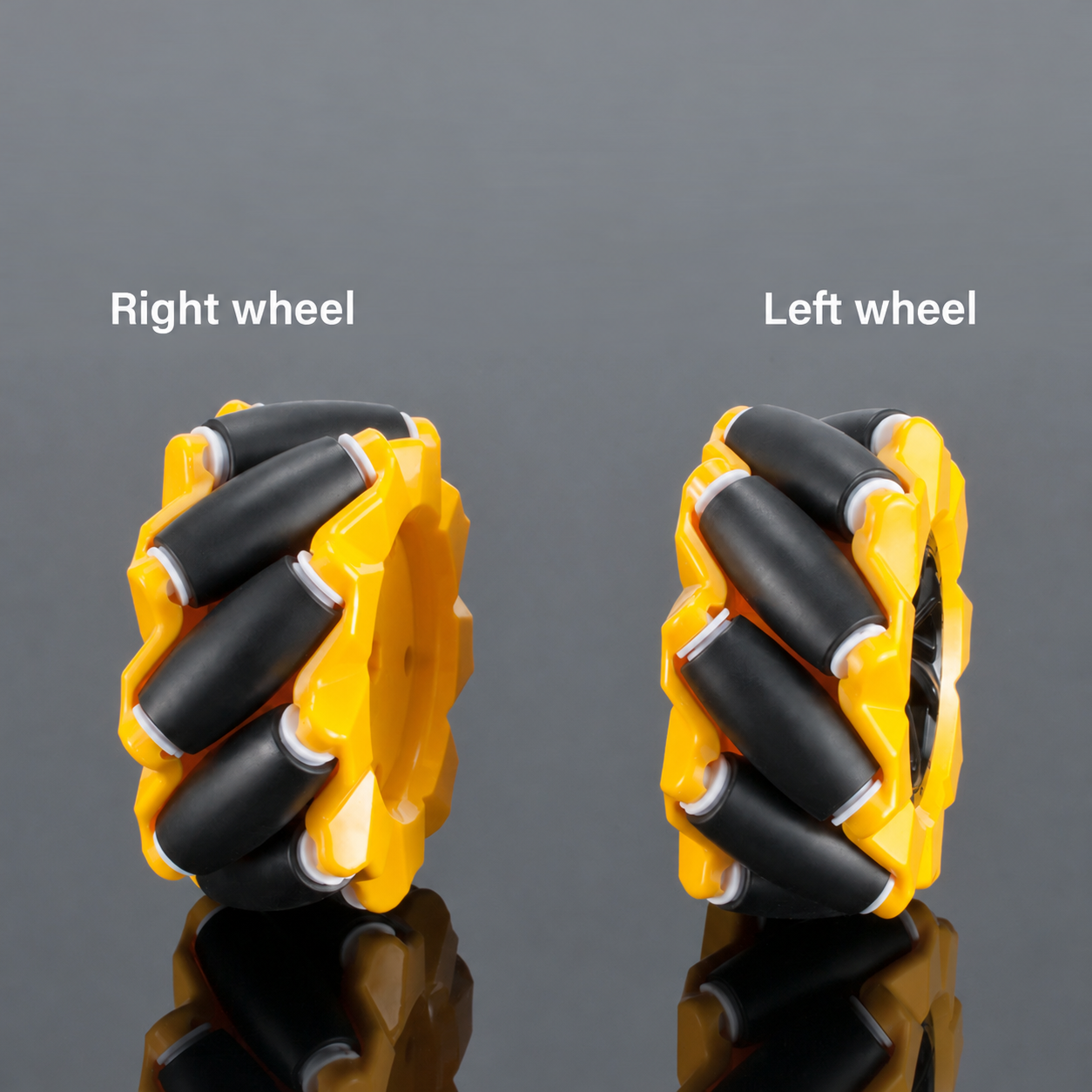 Yellow right and left Mecanum wheels with English labels