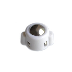Mini ball caster with a metal ball and white mounting housing