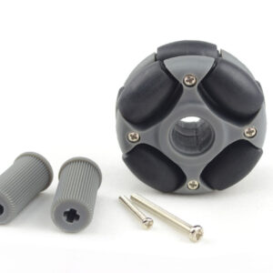 Omnidirectional robot wheel with grey hub adapters and mounting screws