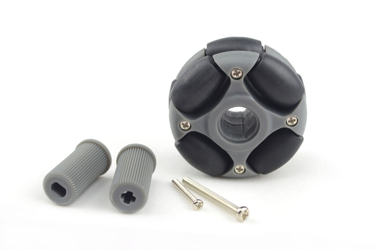 Omnidirectional robot wheel with grey hub adapters and mounting screws