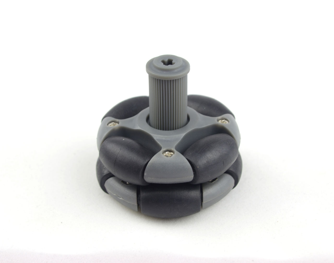 Omnidirectional robot wheel with a grey cylindrical hub adapter