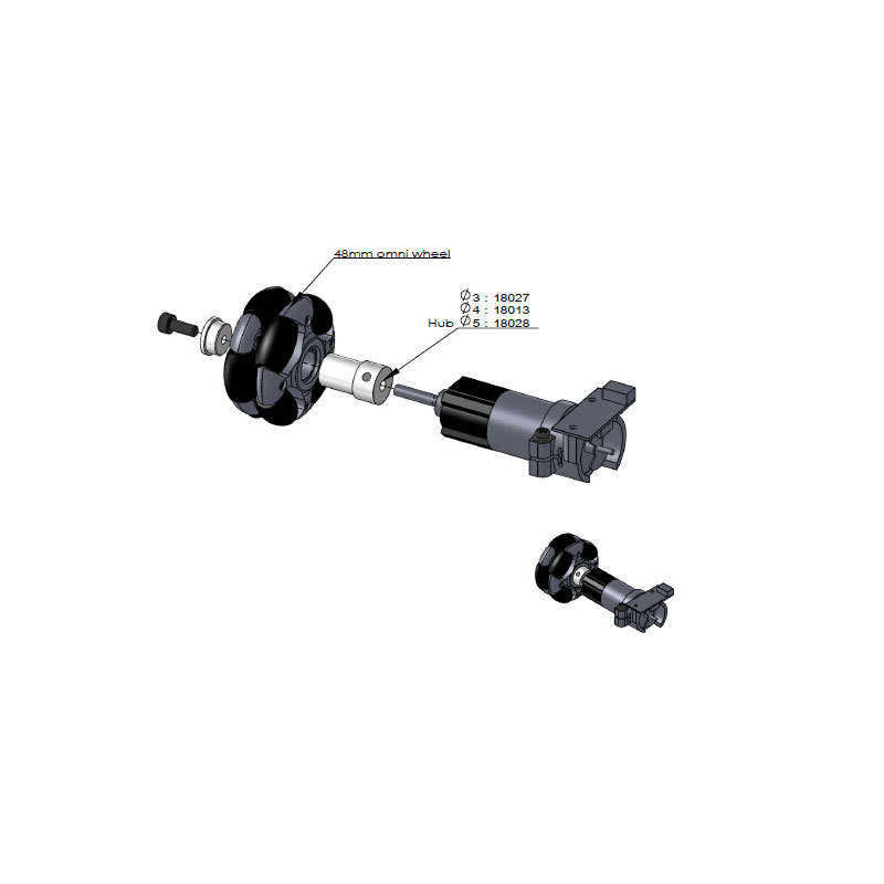 Assembly drawing showing a 48 mm omni wheel, hub, shaft and motor