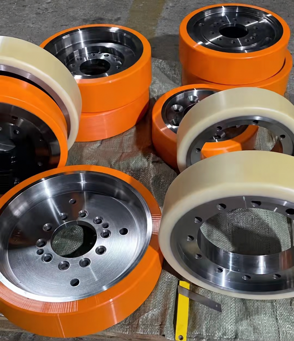 Orange and cream polyurethane-coated wheels