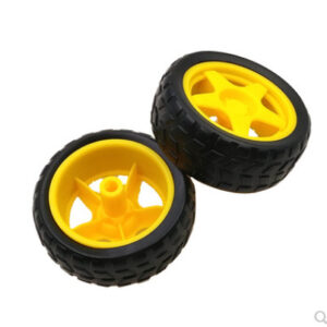 Two robot wheels with black rubber tyres and yellow hubs