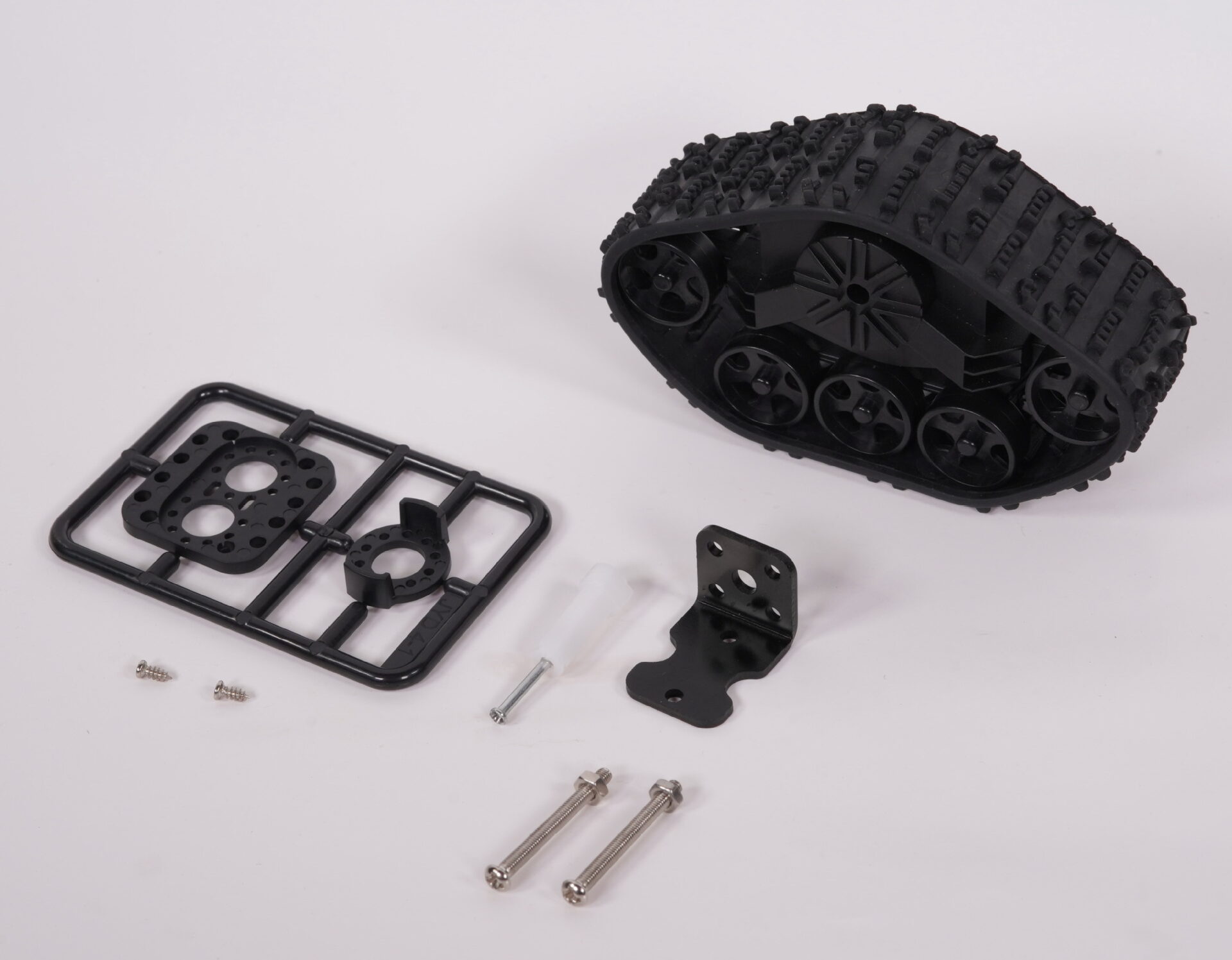 Robot tank track assembly with mounting brackets, plastic parts and fasteners