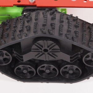 Black rubber tank track and wheels mounted on a robot chassis