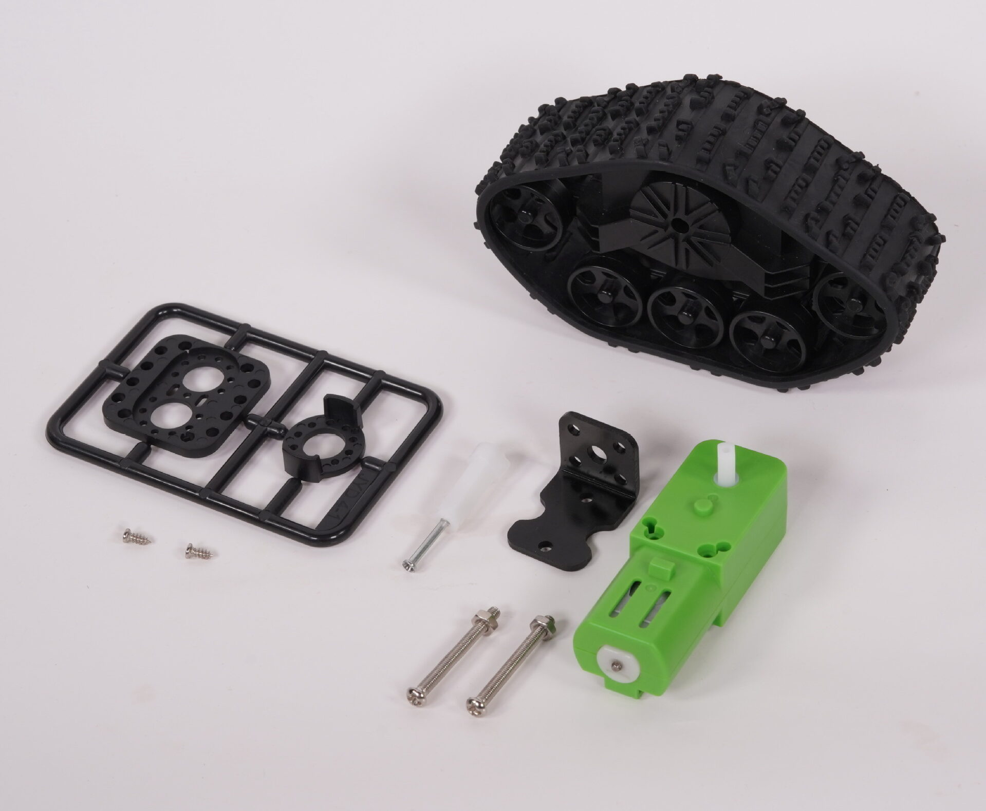 Robot track kit with green gearmotor, black mounting bracket and fasteners