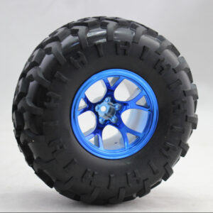 Black treaded robot tyre with a blue spoked wheel hub