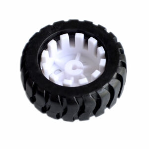 Black treaded robot tyre with a white plastic hub