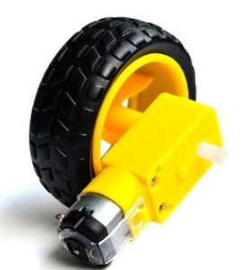 Robot wheel with black rubber tyre and yellow DC gearmotor