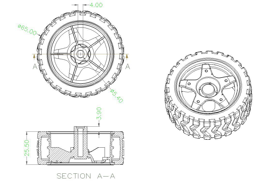 Technical drawing of a robot wheel with front, section and perspective views
