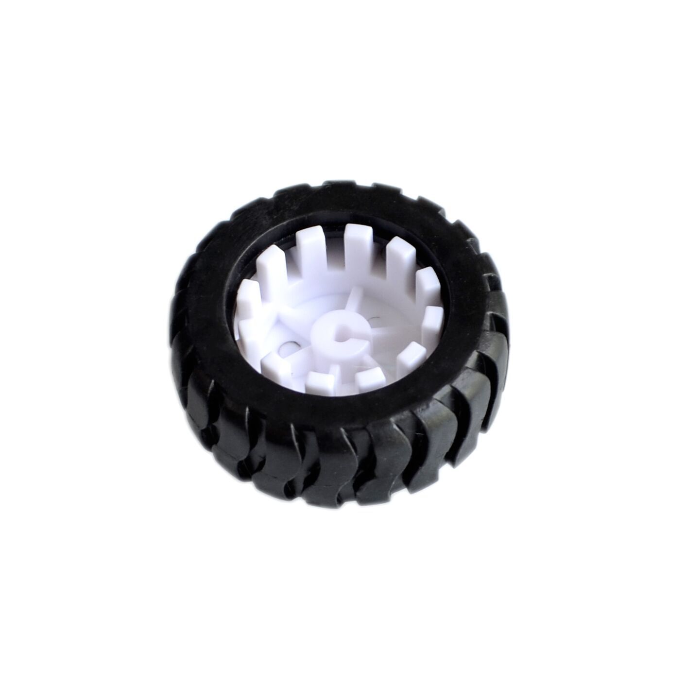 Black rubber robot wheel with a white plastic hub