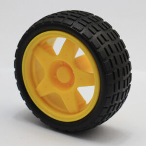 Black rubber robot wheel with a yellow spoked hub