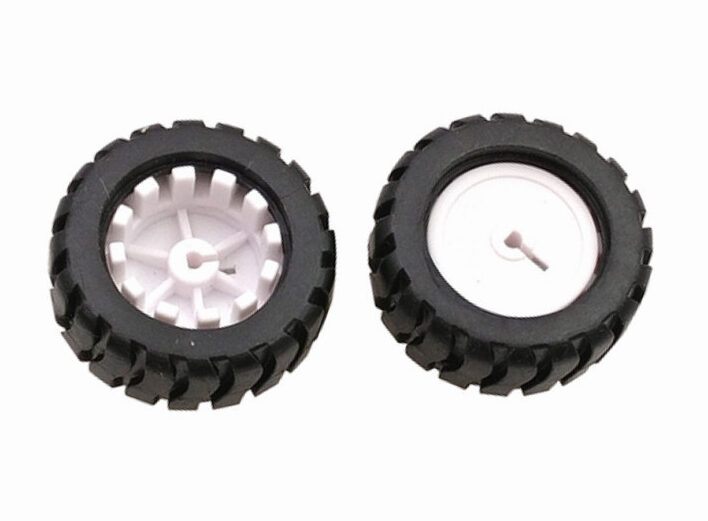 Pair of black rubber robot wheels showing both sides of white hubs