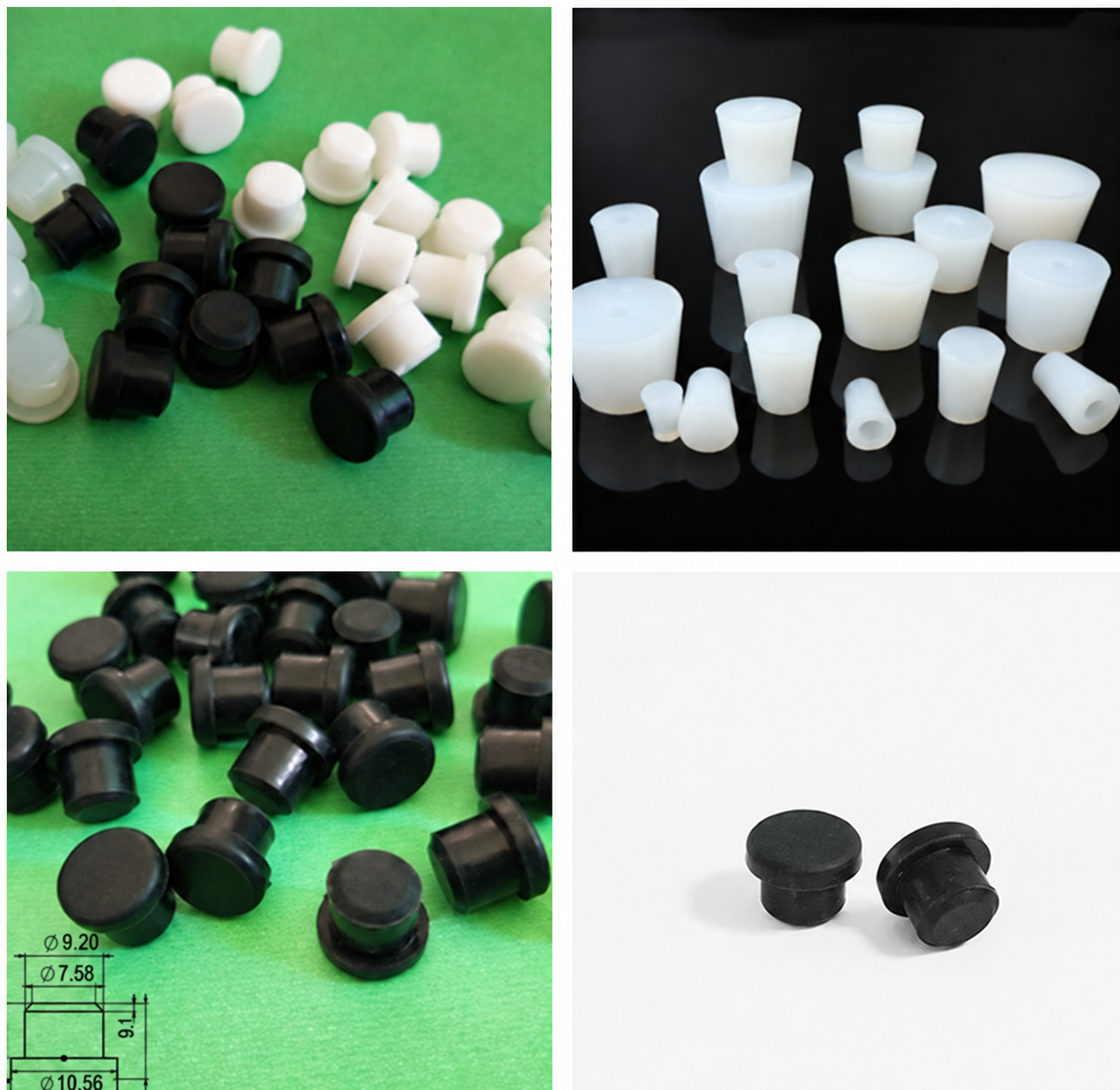 Assorted black and white tapered and flange plugs with a small dimension diagram
