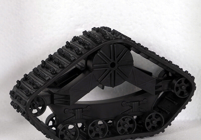Front view of a triangular robot tank track with black wheels