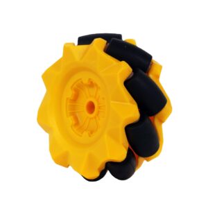 Yellow Mecanum robot wheel with black angled rubber rollers