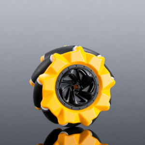 Yellow Mecanum robot wheel with a black centre and angled rubber rollers